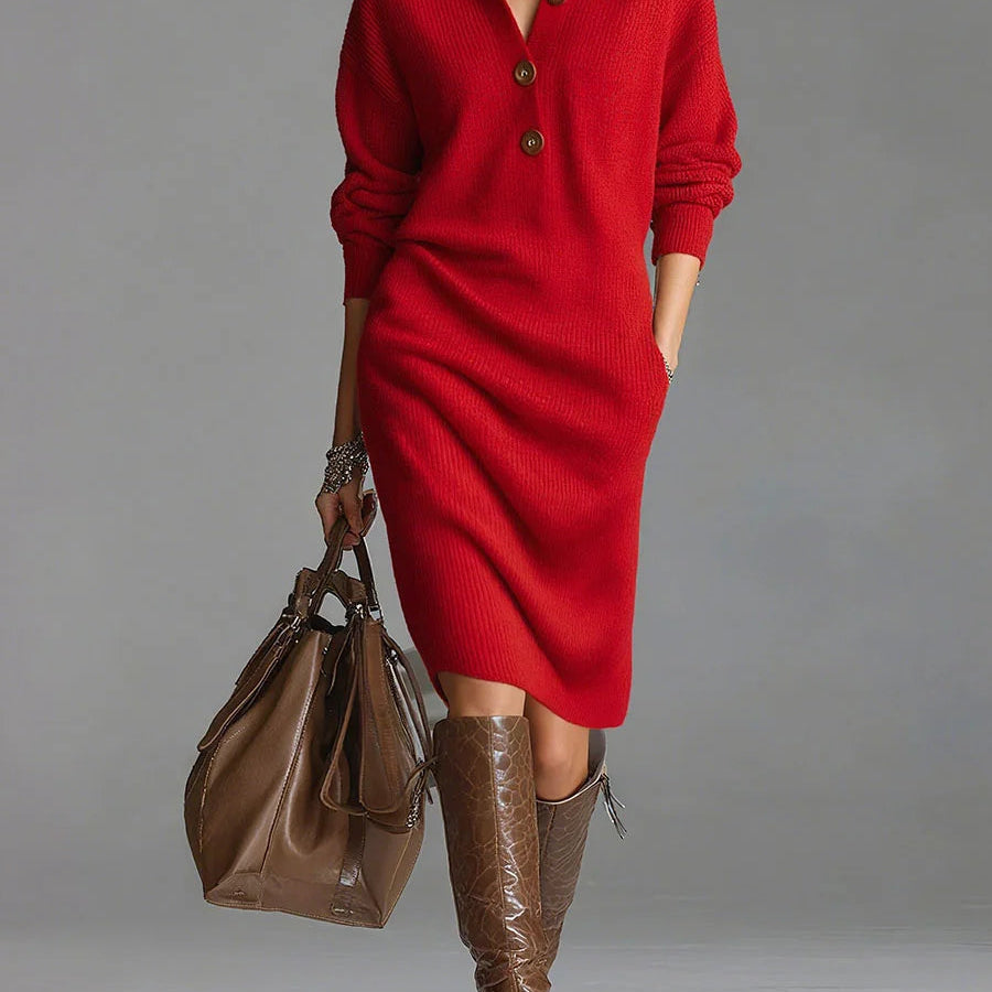Schwarzes Strick-Midi-Kleid mit Kragen und Knöpfen – Elegant & Bequem | Herbst/Winter-Look