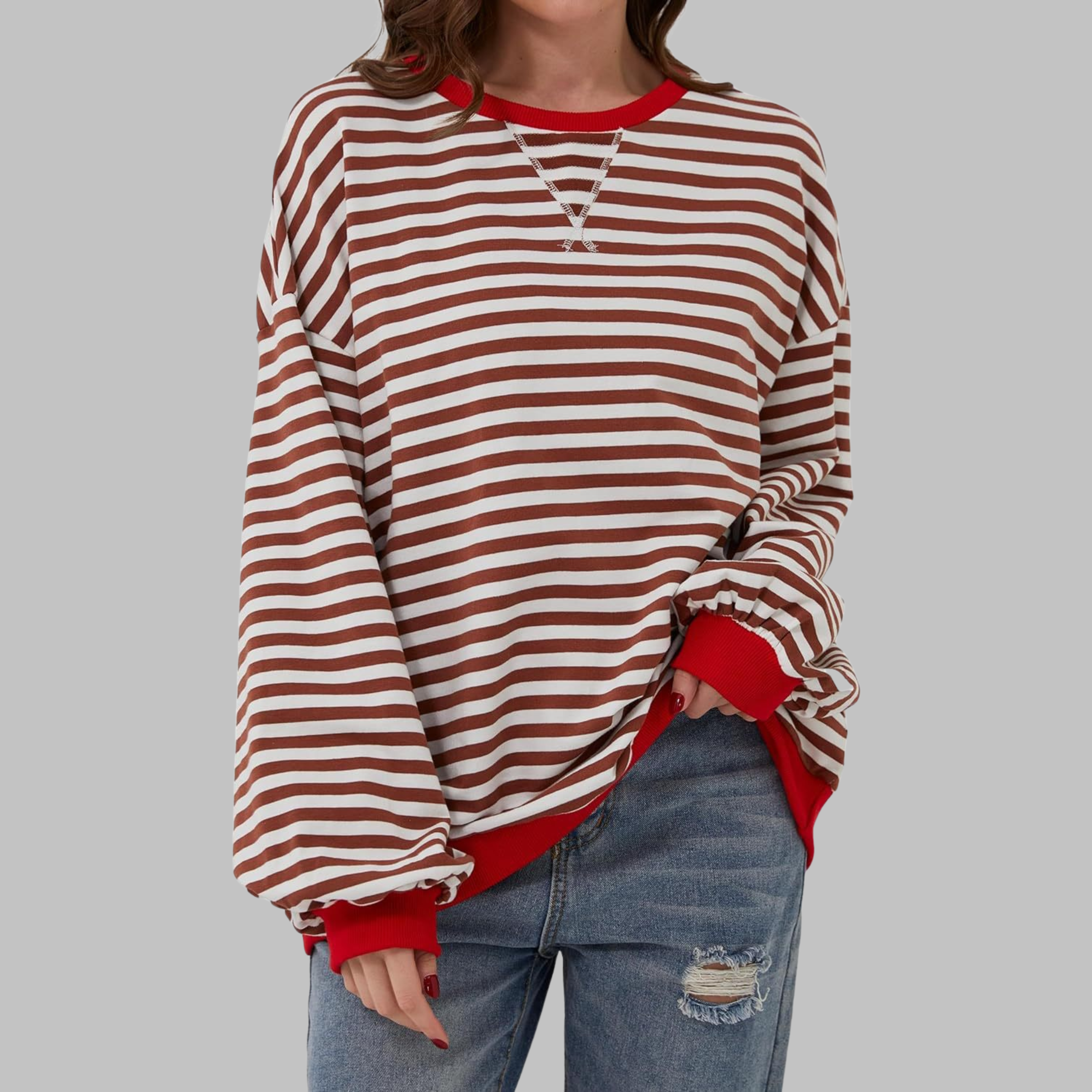 LUKA™ Gestreifter, langärmeliger Freizeitsweater mit Rundhalsausschnitt