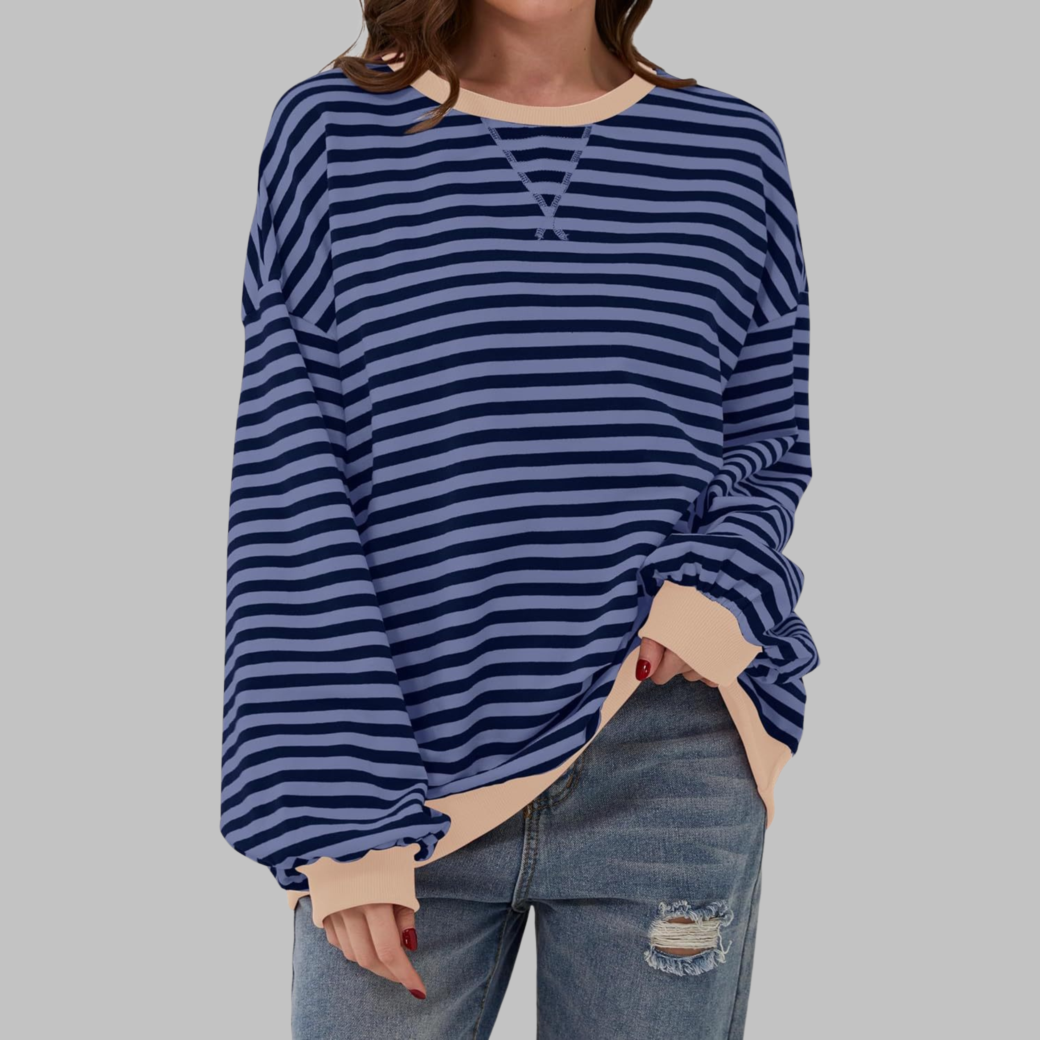 LUKA™ Gestreifter, langärmeliger Freizeitsweater mit Rundhalsausschnitt