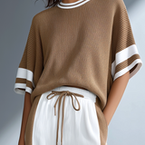 Women's Stylish Casual Brown Color-block Short-sleeved Knitted Top And Trousers Set