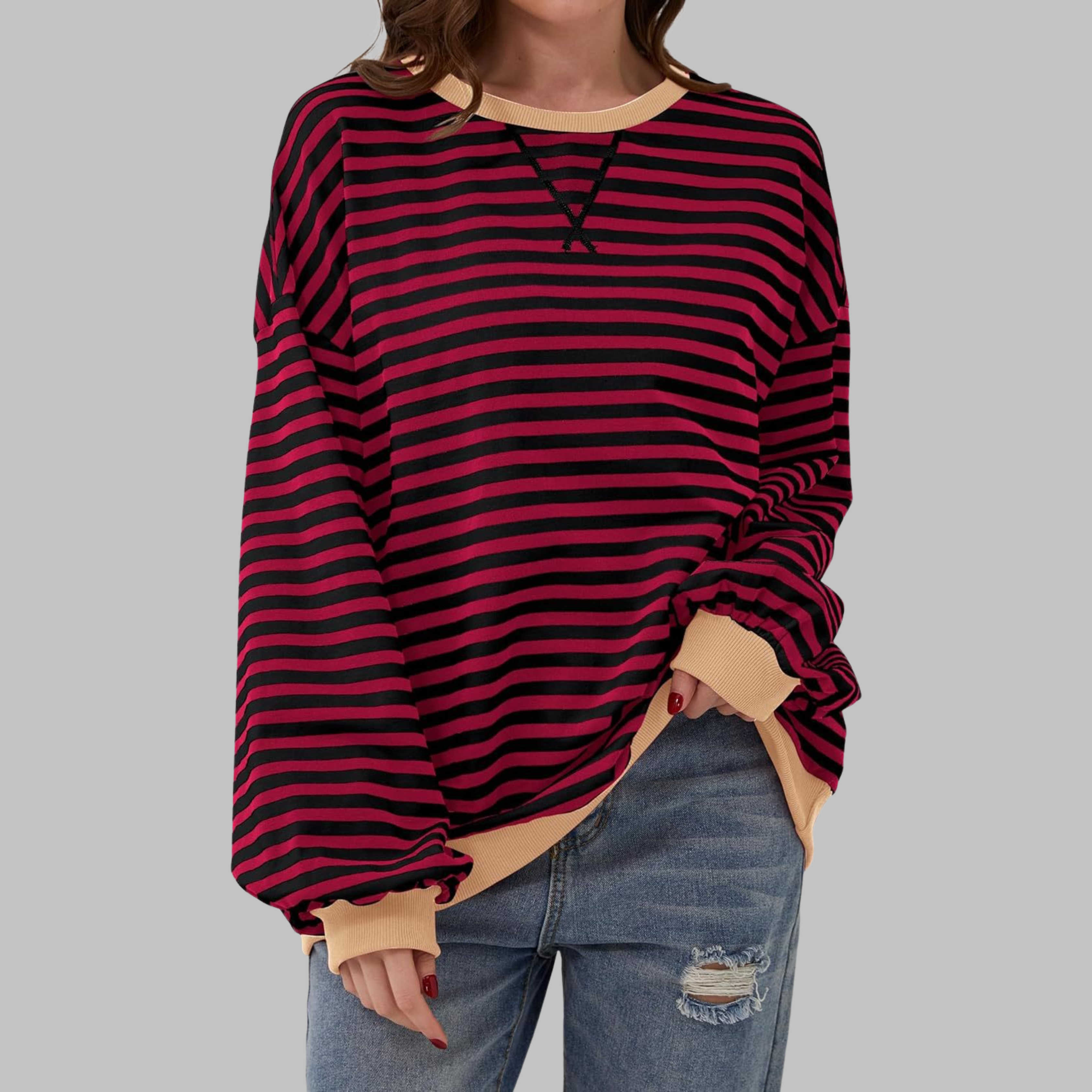 LUKA™ Gestreifter, langärmeliger Freizeitsweater mit Rundhalsausschnitt