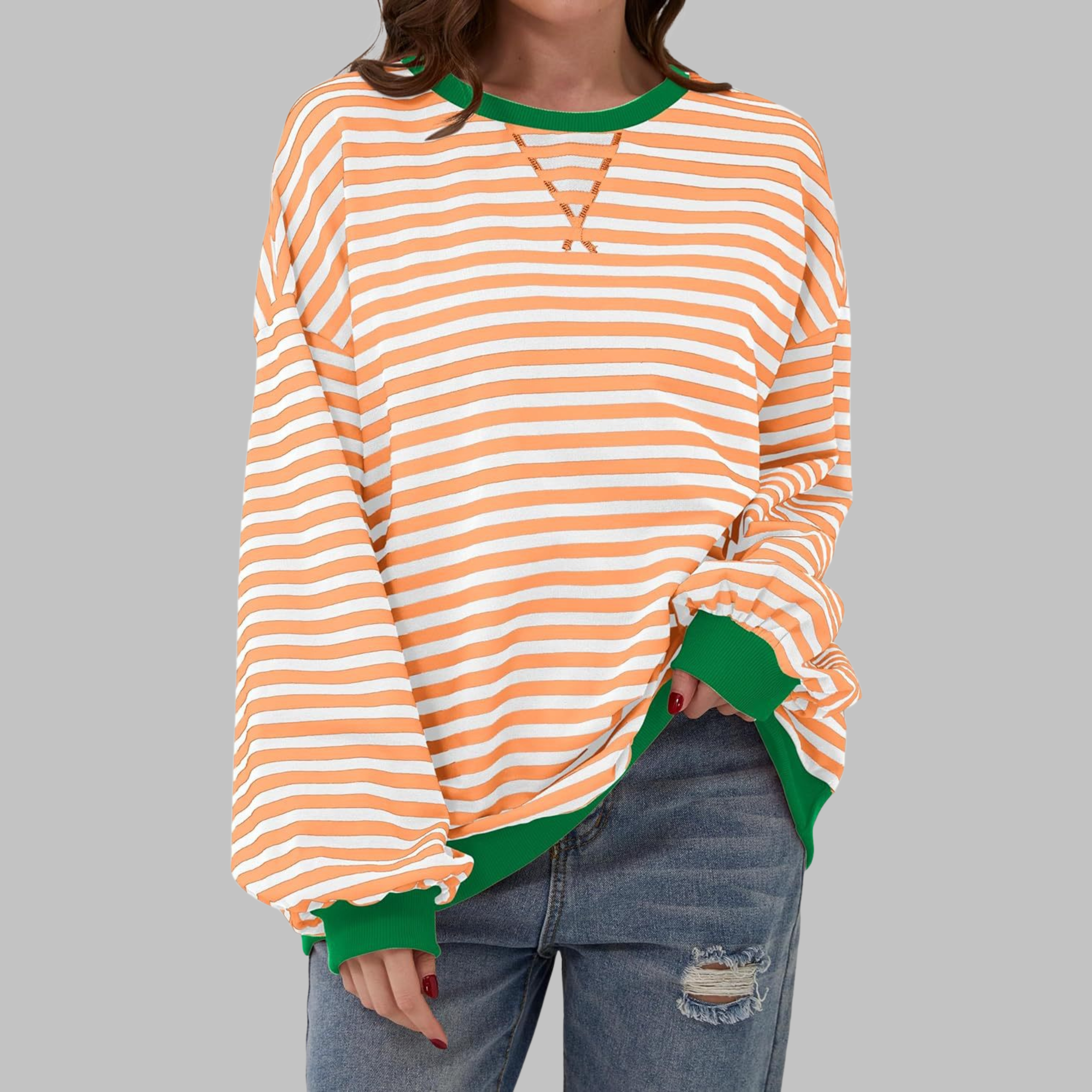 LUKA™ Gestreifter, langärmeliger Freizeitsweater mit Rundhalsausschnitt