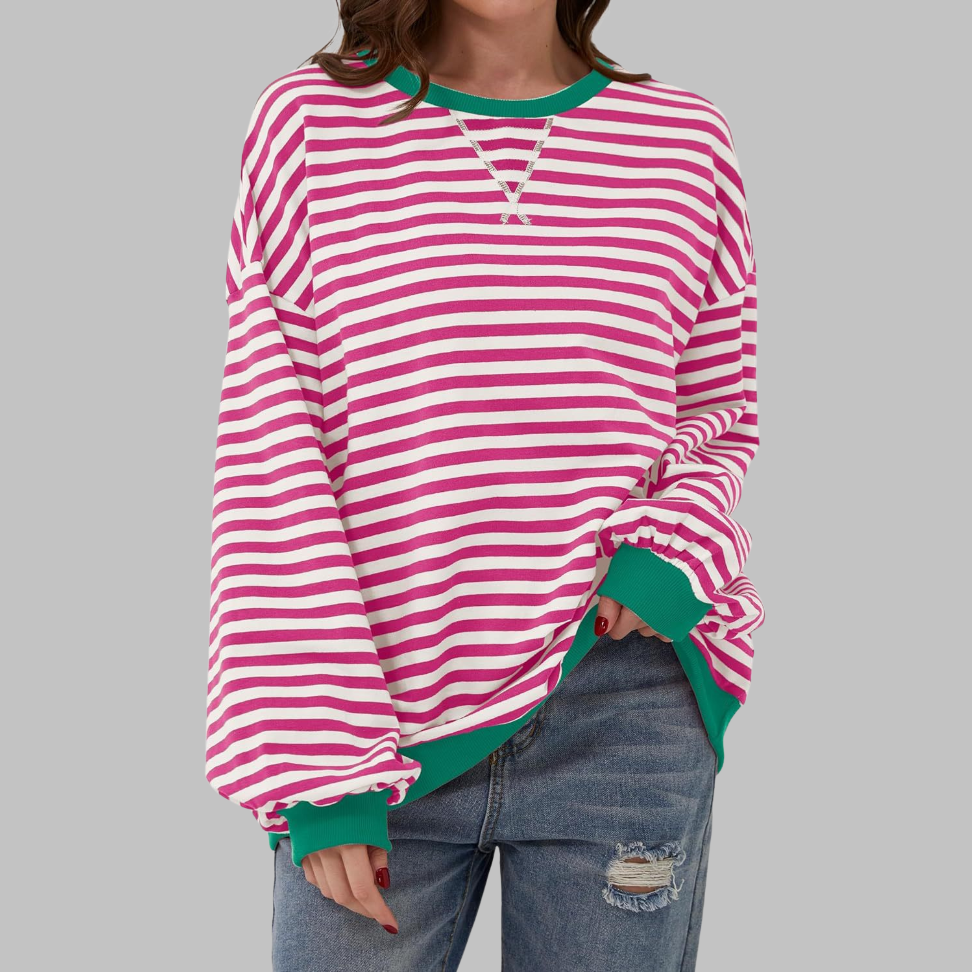 LUKA™ Gestreifter, langärmeliger Freizeitsweater mit Rundhalsausschnitt