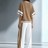Women's Stylish Casual Brown Color-block Short-sleeved Knitted Top And Trousers Set