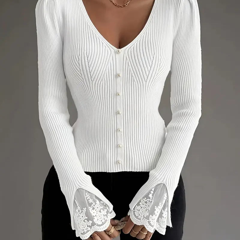 Eleganter Damen-Rippstrickpullover mit V-Ausschnitt und Spitzendetails