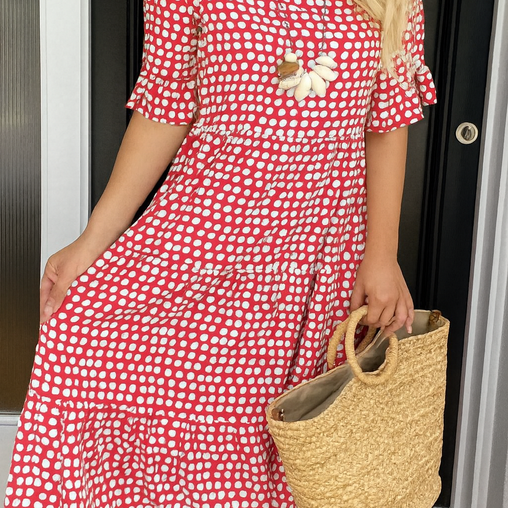 IRIS | SANDFARBENES MIDI-KLEID MIT KURZEN ÄRMELN