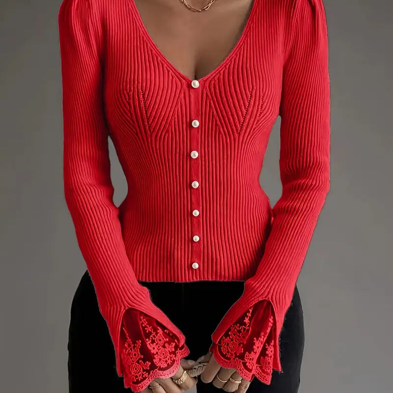Eleganter Damen-Rippstrickpullover mit V-Ausschnitt und Spitzendetails