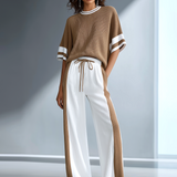 Women's Stylish Casual Brown Color-block Short-sleeved Knitted Top And Trousers Set