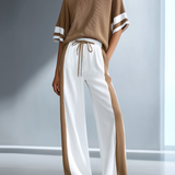 Women's Stylish Casual Brown Color-block Short-sleeved Knitted Top And Trousers Set