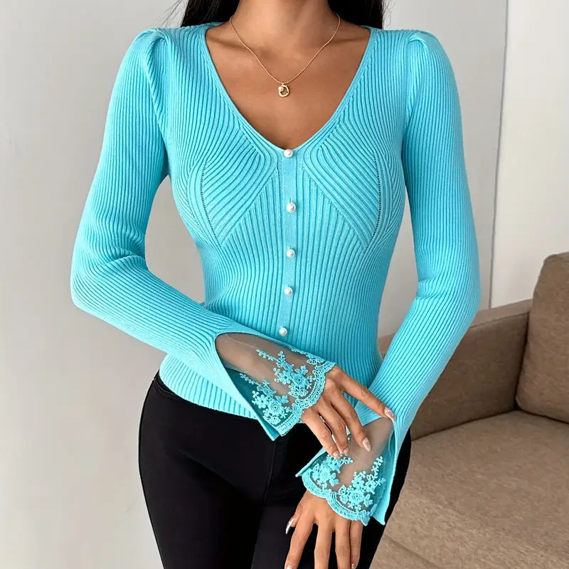 Eleganter Damen-Rippstrickpullover mit V-Ausschnitt und Spitzendetails