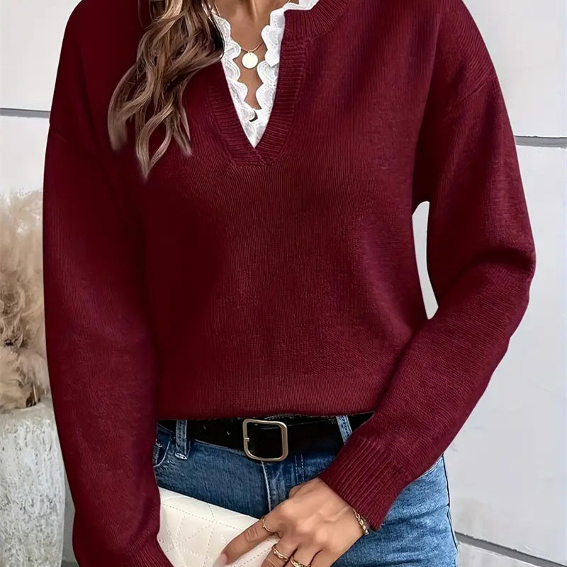 Dunkelblauer Pullover mit Spitze und V-Ausschnitt