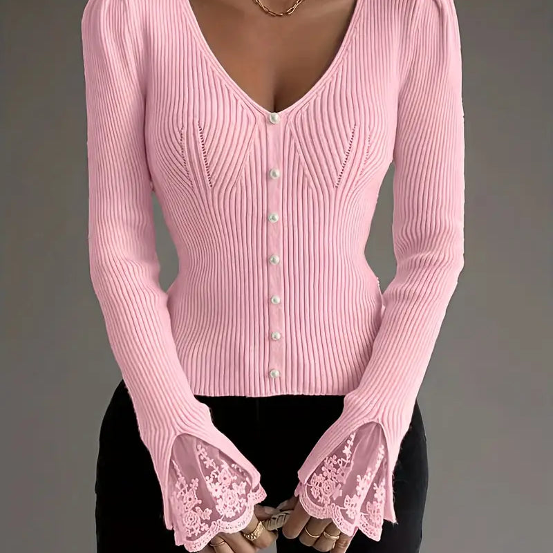 Eleganter Damen-Rippstrickpullover mit V-Ausschnitt und Spitzendetails