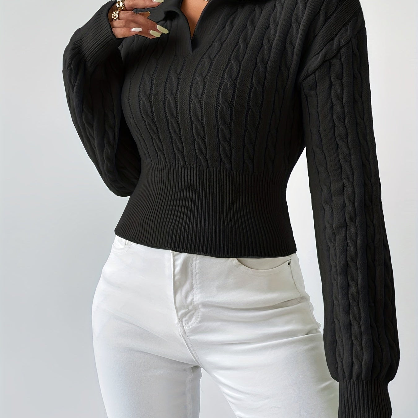 Elegant Knitted Sweater with Collar – Black