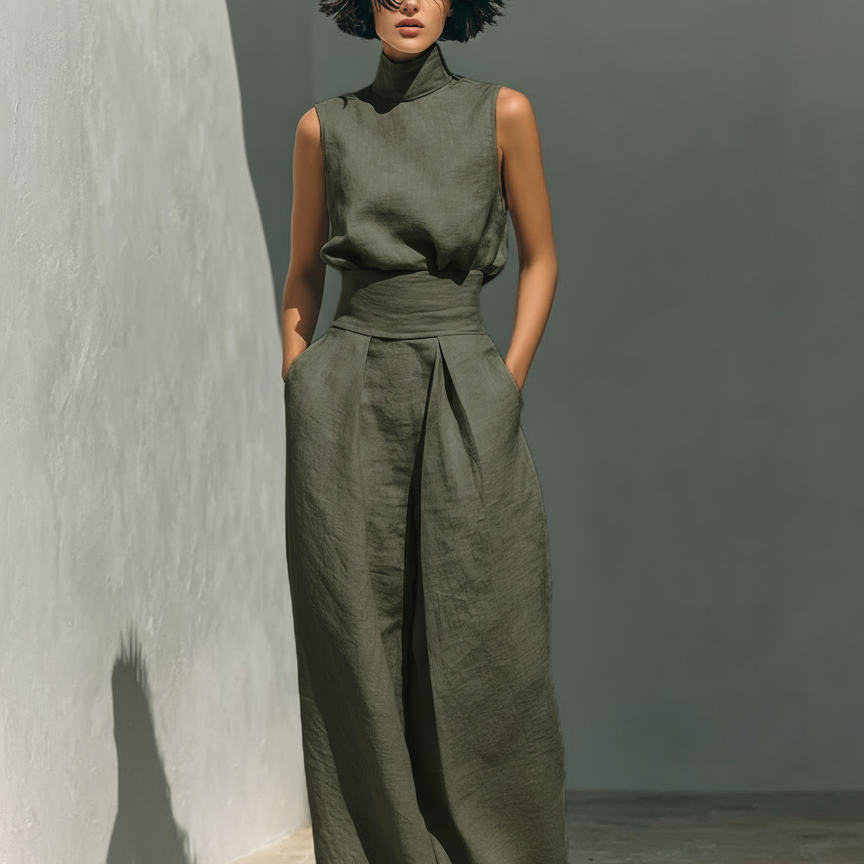 Maria – Minimalistische katoen-linnen set met top en wijde broek