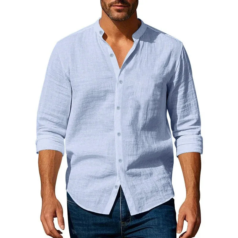 Koszula Męska - Lniana Henley Casualowa Lekka Wiosenna