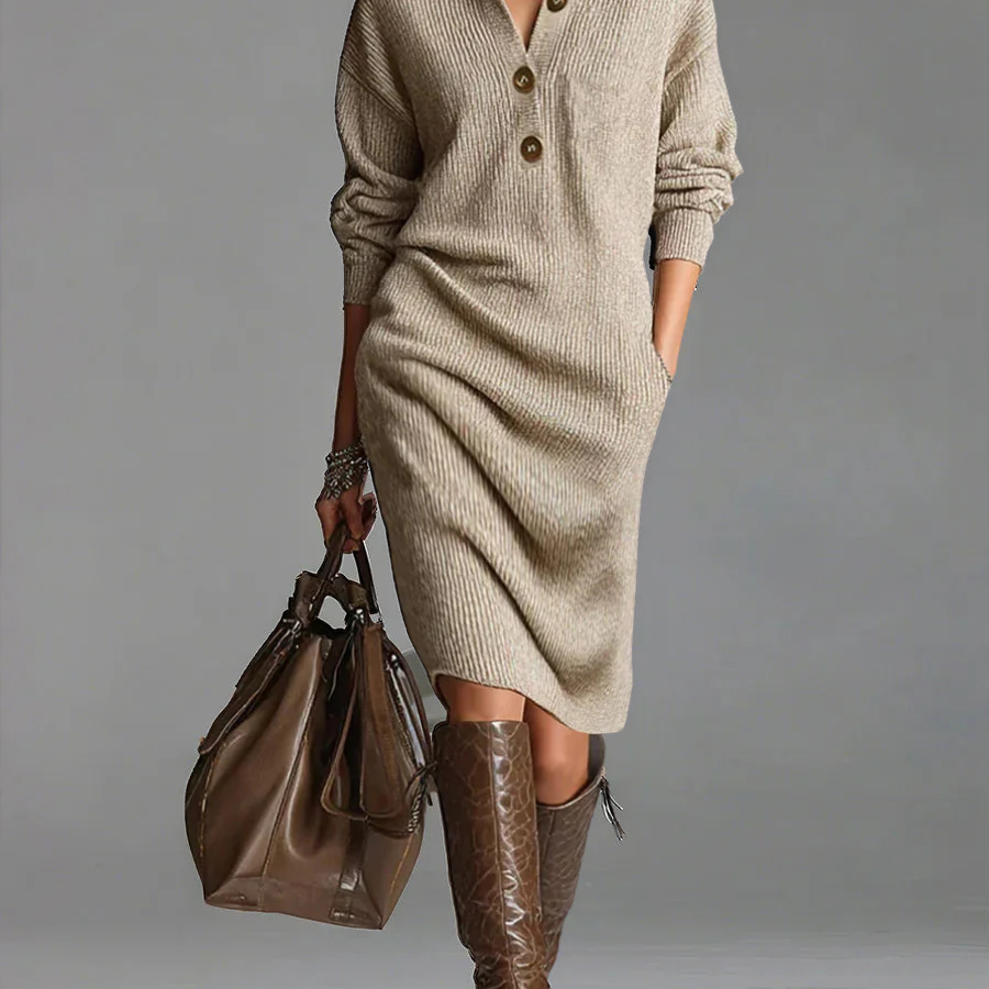 Schwarzes Strick-Midi-Kleid mit Kragen und Knöpfen – Elegant & Bequem | Herbst/Winter-Look