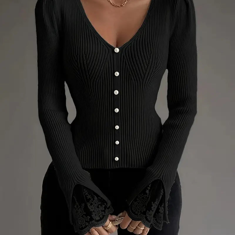 Eleganter Damen-Rippstrickpullover mit V-Ausschnitt und Spitzendetails