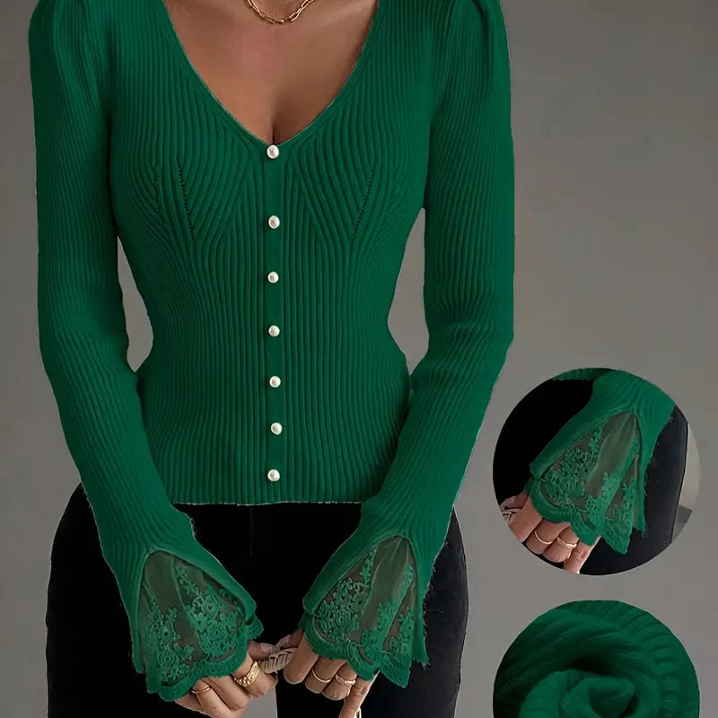 Eleganter Damen-Rippstrickpullover mit V-Ausschnitt und Spitzendetails