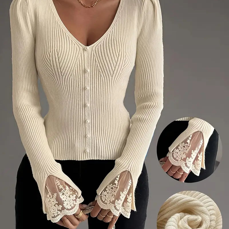 Eleganter Damen-Rippstrickpullover mit V-Ausschnitt und Spitzendetails