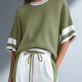 Women's Stylish Casual Brown Color-block Short-sleeved Knitted Top And Trousers Set