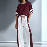 Women's Stylish Casual Brown Color-block Short-sleeved Knitted Top And Trousers Set