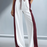 Women's Stylish Casual Brown Color-block Short-sleeved Knitted Top And Trousers Set