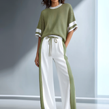 Women's Stylish Casual Brown Color-block Short-sleeved Knitted Top And Trousers Set