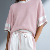 Women's Stylish Casual Brown Color-block Short-sleeved Knitted Top And Trousers Set