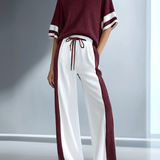 Women's Stylish Casual Brown Color-block Short-sleeved Knitted Top And Trousers Set