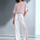 Women's Stylish Casual Brown Color-block Short-sleeved Knitted Top And Trousers Set