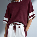 Women's Stylish Casual Brown Color-block Short-sleeved Knitted Top And Trousers Set