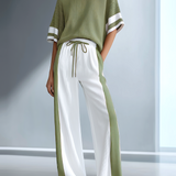 Women's Stylish Casual Brown Color-block Short-sleeved Knitted Top And Trousers Set