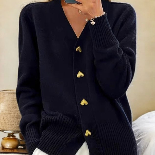Soft Grey Cardigan with Gold Heart Buttons