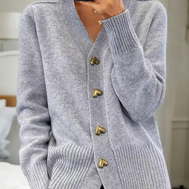 Soft Grey Cardigan with Gold Heart Buttons