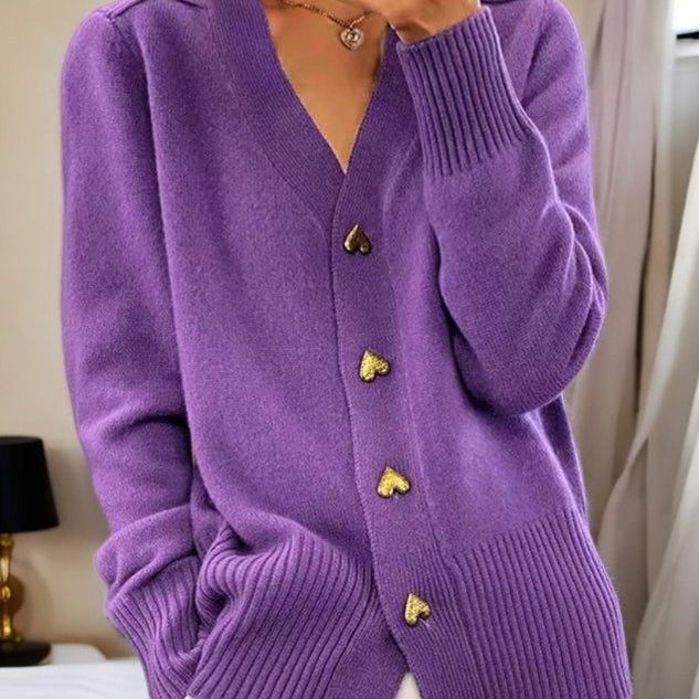 Soft Grey Cardigan with Gold Heart Buttons